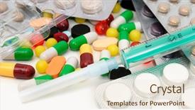  Presentation with pellet - Presentation having pharmaceutical pellet - medication isolated on a white background and a sky blue colored foreground