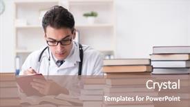  Presentation with medical student - PPT theme consisting of pharmaceutical preparations - medical student preparing for university background and a coral colored foreground