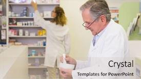  Presentation with hospital pharmacy - Slide deck having pharmaceutical preparations - senior pharmacist mixing a medicine background and a soft green colored foreground