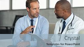  Presentation with doctor african - Audience pleasing PPT layouts consisting of pharmaceutical-representative-talking-with-doctor backdrop and a light blue colored foreground