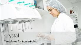  Presentation with pharmaceutical - PPT theme enhanced with pharmaceutical researcher making dissolution test background and a light gray colored foreground