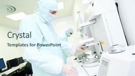  Presentation with pharmaceutical - PPT theme having pharmaceutical researcher working with granulate background and a sky blue colored foreground