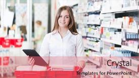  Presentation with hands holding black tablet - PPT theme having portrait of female chemist holding background and a coral colored foreground