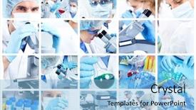 Presentation with scientific - Presentation design consisting of pharmaceutical research laboratory medical - scientific people working background and a light blue colored foreground