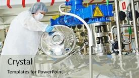  Presentation with production line - Colorful theme enhanced with pharmaceutical worker with equipment mixing backdrop and a light gray colored foreground
