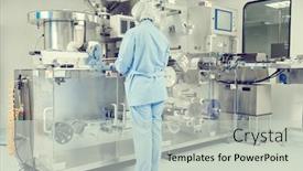  Presentation with worker - Presentation design featuring pharmaceutics-pharmaceutical-worker-operates-blister background and a light gray colored foreground