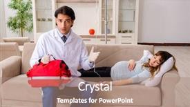  Presentation with pregnant woman doctor - Beautiful presentation design featuring pharmach intravenous bag - young handsome doctor visiting pregnant backdrop and a coral colored foreground