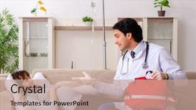  Presentation with doctor visiting family - Slide deck consisting of pharmach intravenous bag - young handsome doctor visiting pregnant background and a coral colored foreground