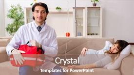  Presentation with doctor visiting family a new born - Audience pleasing PPT layouts consisting of pharmach intravenous bag - young handsome doctor visiting pregnant backdrop and a coral colored foreground