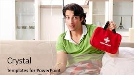  Presentation with home - Slide deck with pharmach intravenous bag - young man suffering at home background and a soft green colored foreground