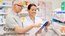  Presentation with healthcare technology - Amazing PPT theme having pharmacist - medicine pharmaceutics healthcare and technology backdrop and a soft green colored foreground