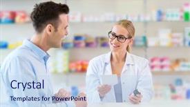  Presentation with pharmacy - PPT layouts featuring pharmacist and client at pharmacy background and a sky blue colored foreground