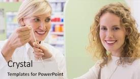  Presentation with pharmacy - Theme featuring pharmacist and costumer holding paper bag at pharmacy background and a soft green colored foreground