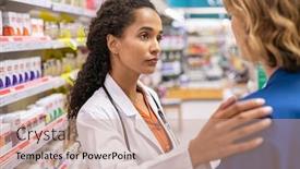  Presentation with druggist - Amazing presentation having pharmacist-and-customer-talking backdrop and a coral colored foreground