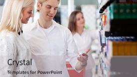 Presentation with pharmaceuticals - Presentation design featuring pharmacist and customers at pharmacy background and a light gray colored foreground