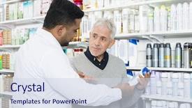  Presentation with pharmacist - PPT theme featuring pharmacist assisting senior customer background and a sky blue colored foreground