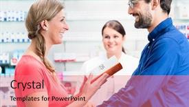  Presentation with drugs - PPT layouts having pharmacist counceling - woman and man buying drugs background and a  colored foreground