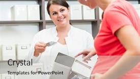  Presentation with pharmacist - Cool new slides with pharmacist counceling - woman shopping tea and herbs backdrop and a  colored foreground