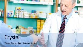  Presentation with pharmacist - Amazing PPT theme having pharmacist dealing with a customer backdrop and a light blue colored foreground