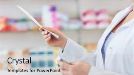  Presentation with pharmacy - Theme enhanced with pharmacist filling prescription in pharmacy background and a soft green colored foreground