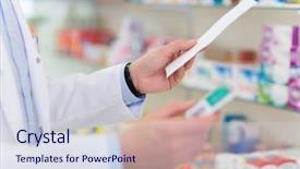  Presentation with prescription - PPT layouts with pharmacist filling prescription in pharmacy background and a sky blue colored foreground
