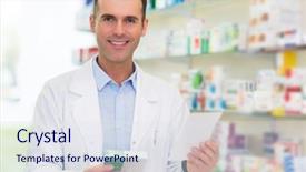  Presentation with pharmacy sports supplement - Slides having pharmacist filling prescription in pharmacy background and a  colored foreground