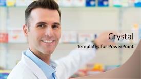  Presentation with clinical pharmacy - Amazing PPT layouts having pharmacist filling prescription in pharmacy backdrop and a coral colored foreground