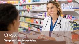 Presentation with pharmacy tablet - Colorful presentation theme enhanced with pharmacist-giving-medicine-to-customer backdrop and a tawny brown colored foreground