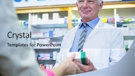  Presentation with medicine and drugs - Colorful presentation design enhanced with pharmacist giving medicine to customer backdrop and a light blue colored foreground