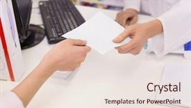  Presentation with prescription - Colorful slide set enhanced with pharmacist giving prescription to costumer at pharmacy backdrop and a lemonade colored foreground