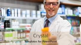  Presentation with pharmacist - Cool new PPT theme with pharmacist-holding-a-jar backdrop and a coral colored foreground