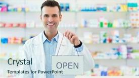  Presentation with pharmacist - Slide deck featuring pharmacist holding an open sign background and a sky blue colored foreground