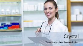  Presentation with pharmacy tablet - PPT theme featuring pharmacist holding digital tablet background and a light blue colored foreground