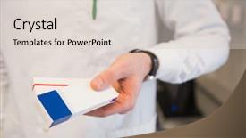  Presentation with hospital pharmacy - Slides with pharmacist holding medicine boxes at the hospital pharmacy background and a lemonade colored foreground