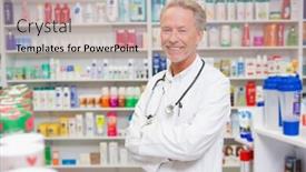  Presentation with lab coat - Audience pleasing slides consisting of pharmacist in lab coat with stethoscope and arms crossed in the pharmacy backdrop and a coral colored foreground