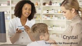  Presentation with pharmacy - Colorful presentation design enhanced with pharmacist in pharmacy with mother backdrop and a coral colored foreground