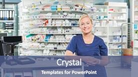 Presentation with pharmacy - Amazing slide deck having pharmacist leaning at cash counter backdrop and a ocean colored foreground