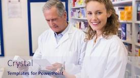  Presentation with prescription medication - Slide deck featuring pharmacist looking a medication for a prescription in the pharmacy background and a sky blue colored foreground