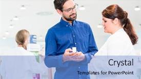  Presentation with counseling - Presentation theme having pharmacist or drug store sales background and a  colored foreground
