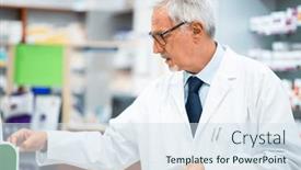  Presentation with pharmacist - Slide deck having pharmacist-searching-for-a-medicine background and a sky blue colored foreground