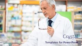  Presentation with pharmacist - PPT layouts enhanced with pharmacist-searching-for-a-medicine background and a sky blue colored foreground