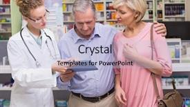  Presentation with pharmacy tablet - Audience pleasing PPT theme consisting of pharmacist showing tablet pc to costumers at pharmacy backdrop and a light blue colored foreground