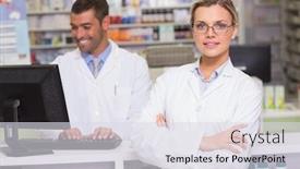  Presentation with hospital pharmacy - Audience pleasing slides consisting of pharmacist smiling at camera at the hospital pharmacy backdrop and a light gray colored foreground