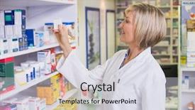  Presentation with hospital pharmacy - PPT theme featuring pharmacist taking medicine from shelf at the hospital pharmacy background and a sky blue colored foreground