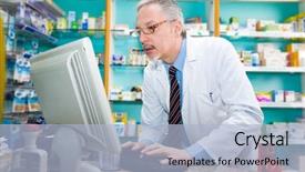  Presentation with pharmacist - Colorful presentation theme enhanced with young woman sitting against office buidings coffee break lunch concept backdrop and a gray colored foreground