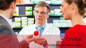  Presentation with pharmaceuticals - Presentation design consisting of pharmacist with customers in pharmacy background and a crimson colored foreground