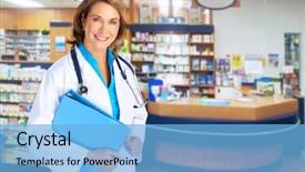  Presentation with drugs family - Slide set consisting of family drugs - pharmacist woman health care background background and a light blue colored foreground