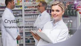  Presentation with hospital pharmacy - Amazing slide set having pharmacist writing on clipboard at the hospital pharmacy backdrop and a lemonade colored foreground