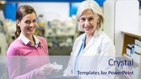  Presentation with prescriptions - Colorful theme enhanced with pharmacist writing prescriptions for customer backdrop and a sky blue colored foreground