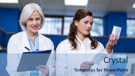  Presentation with prescription - Audience pleasing slide deck consisting of pharmacists checking and writing prescription for medicine in pharmacy backdrop and a light blue colored foreground